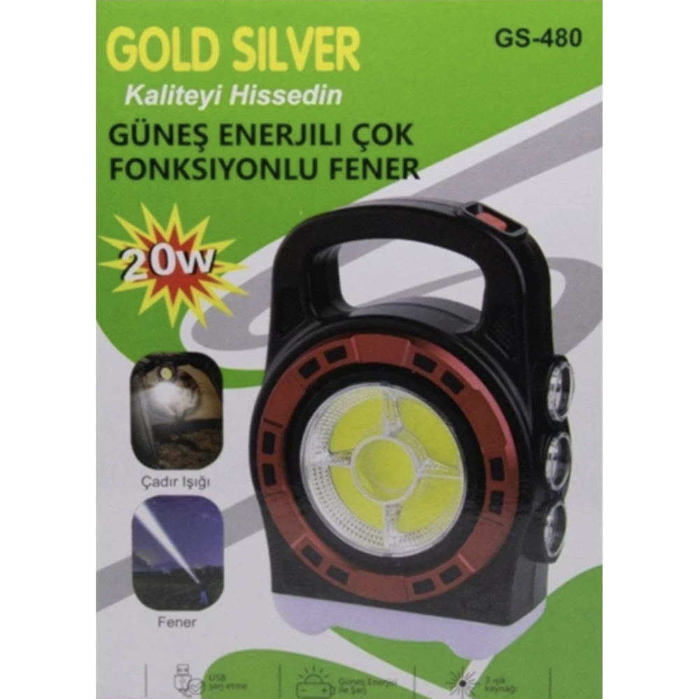 GOLD SİLVER GÜNEŞ ENERJİLİ ÇOK FONKSİYONLU FENER GS-480 20WATT