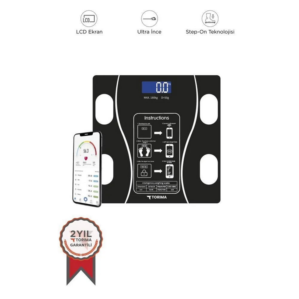 TORIMA XK-26C SİYAH DİJİTAL BASKÜL YAĞ KAS SU VÜCUT KİTLE İNDEKSİ KİLO ÖLÇER BLUETOOTH TARTI
