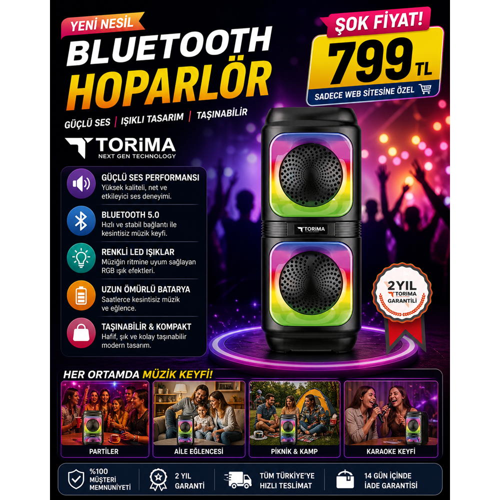 TORIMA BLUETOOTH HOPARLÖR RGB IŞIKLI TWS DESTEKLİ SPEAKER D19 SİYAH