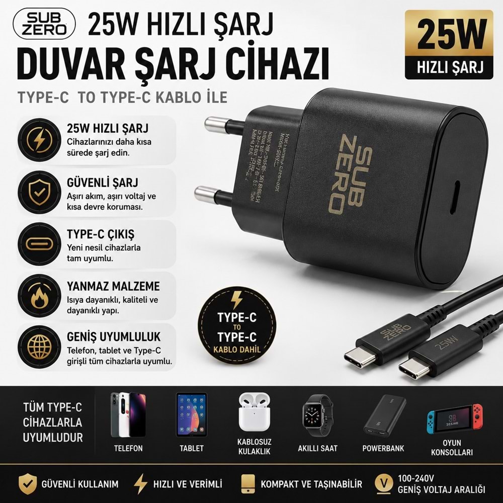 SUBZERO CHARGER TYPE-C TO TYPE-C CABLE 25W SG47