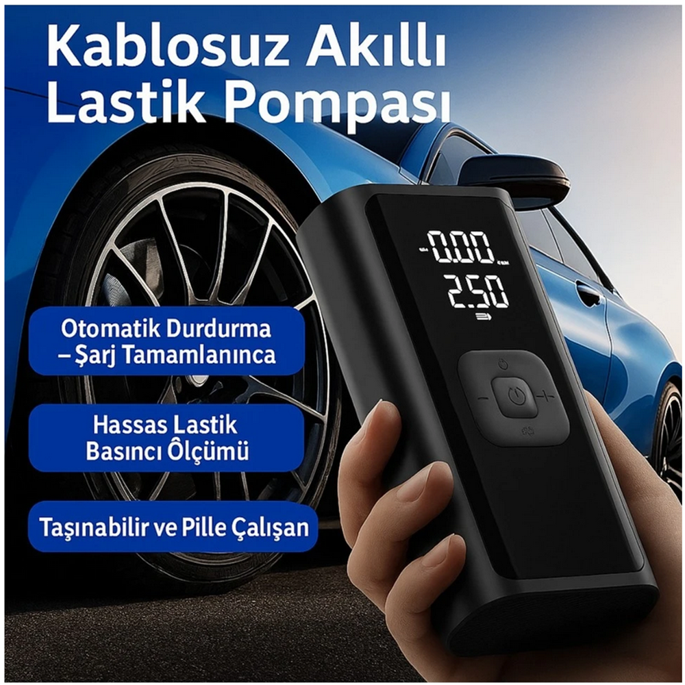 AUHMA A7744 4500MAH BATARYALI, 150PSI BASINÇLI DİJİTAL GÖSTERGELİ, KABLOSUZ HAVA POMPASI