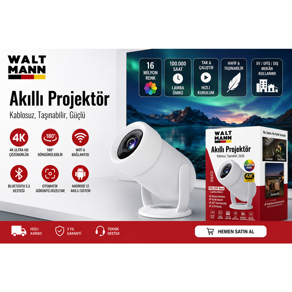 WALT MANN AKILLI PROJEKTÖR 4K ULTRA HD WM400