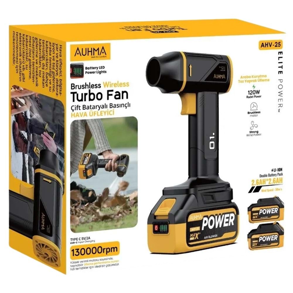 AUHMA AHV-25 ŞARJLI TURBO FAN HAVA ÜFLEYİCİ 130000 RPM ÇİFT BATARYALI
