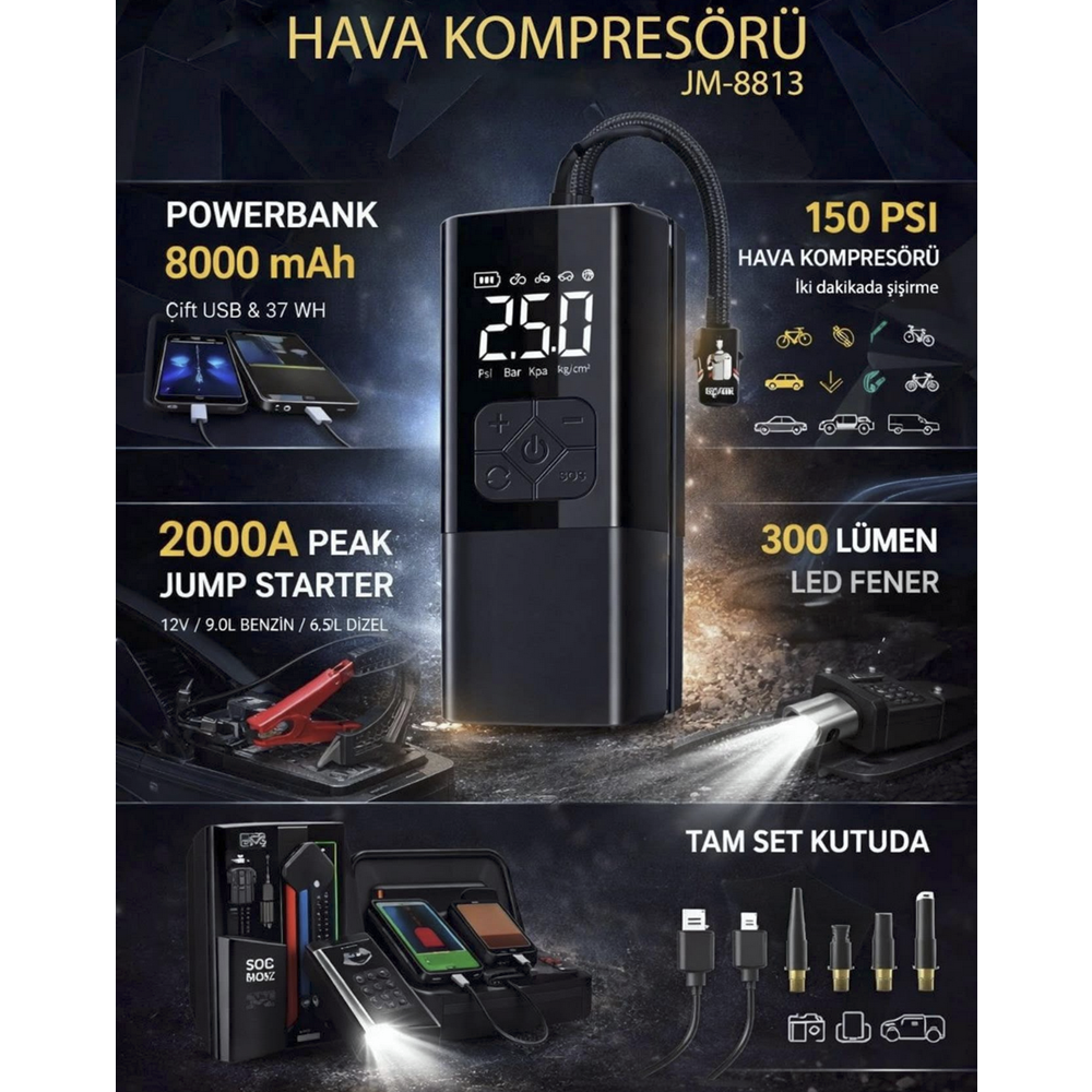 JM8813 KOMPRASÖR AKÜ TAKVİYE FENERLİ