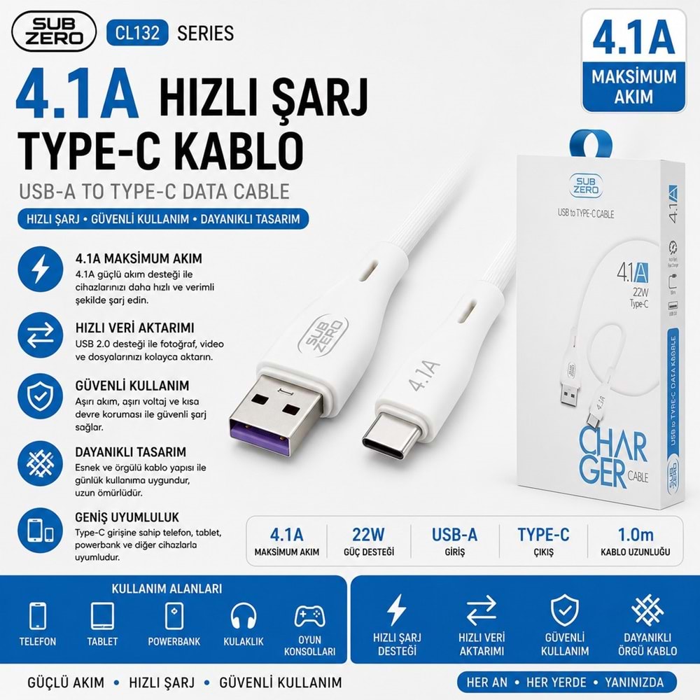 SUBZERO CL132 4,1A TYPE-C KABLO
