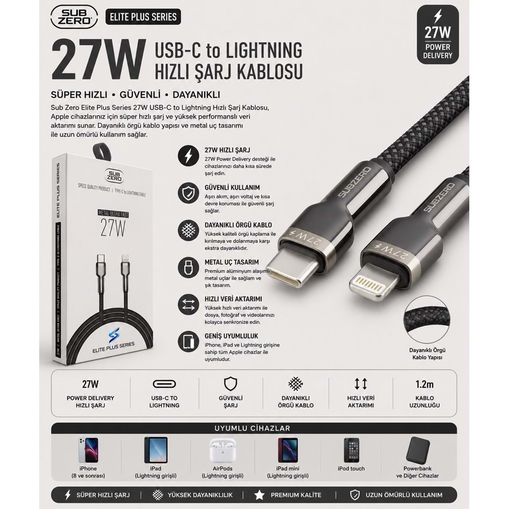 SUBZERO CL204 27W TYPE-C TO LIGHTNING KABLO