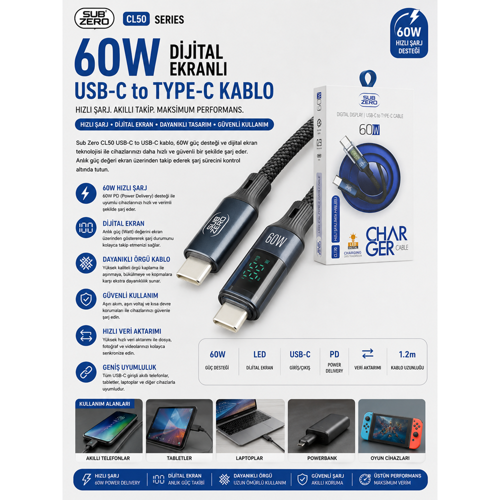 SUBZERO CL150 60W DİJİTAL TYPE-C KABLO