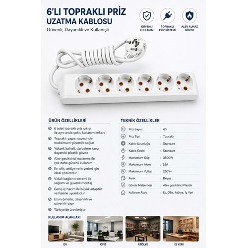VİKO PANASONİC 2 METRE 6LI ANAHTARSIZ PRİZ