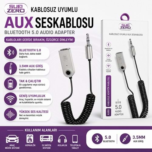 SUBZERO KABLOSUZ UYUMLU AUX SES KABLOSU AX80