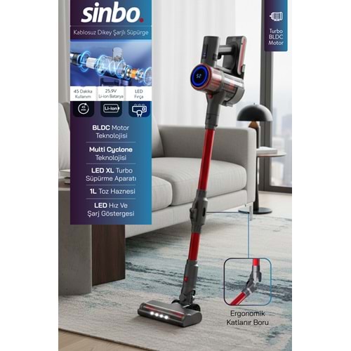 SİNBO SVC-8622 DİKEY KABLOSUZ ELEKTRİKLİ SÜPÜRGE ERGOMİK SAP 1LT TOZ HAZNE & XL TURBO APARAT