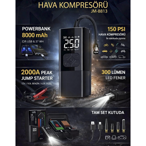 JM8813 KOMPRASÖR AKÜ TAKVİYE FENERLİ