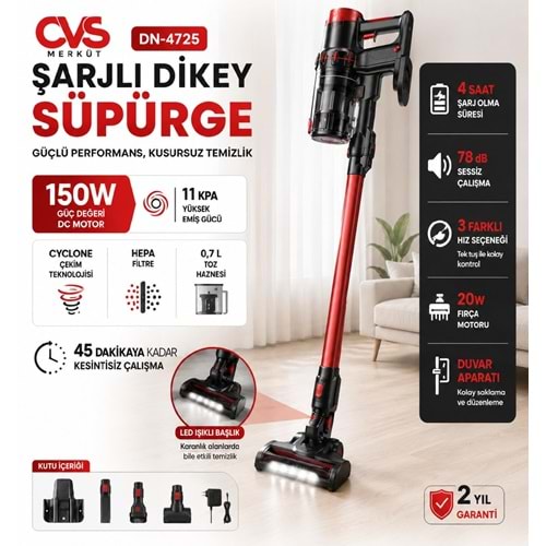 CVS DN 4725 SİYAH MERKÜT CORDLESS BATARYALI DİKEY ŞARJLI SÜPÜRGE