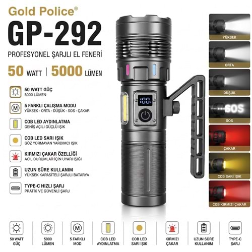 GOLD POLİCE GP-292 METAL KUTULU ŞARJLI FENER