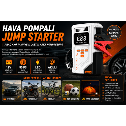 GULONY CZK-EH02 12000 MAH AKÜ TAKVİYELİ HAVA KOMPRESÖRÜ