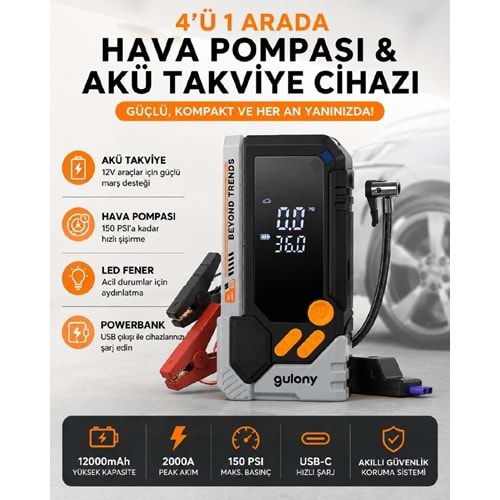 GULONY CZK-EH01 12000 MAH AKÜ TAKVİYE CİHAZLI LASTİK POMPASI